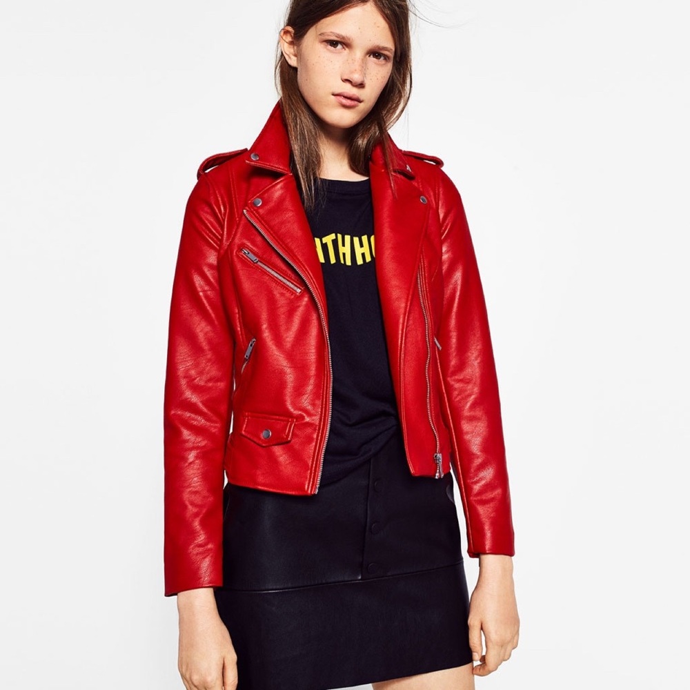 Zara Red Faux Leather Biker Jacket
